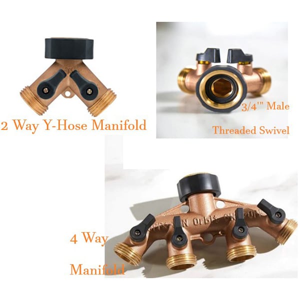 Wye and 4-way brass manifold splitters for spigots and garden hoses